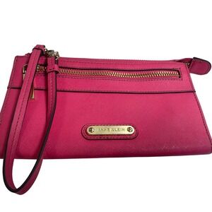 Anne Klein Wristlet Wallet Clutch W/Card Holder Zip Around Pink Polka Dot VGUC